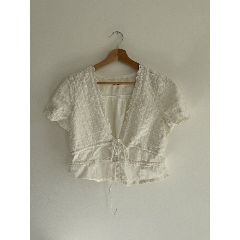 ✿ We The Free Free People White Eyelet Cotton Linen Tie Front Top Size L